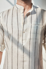 Striped Natural Kurta - White Stripe Linen Kurta for Men l Yellwithus.com