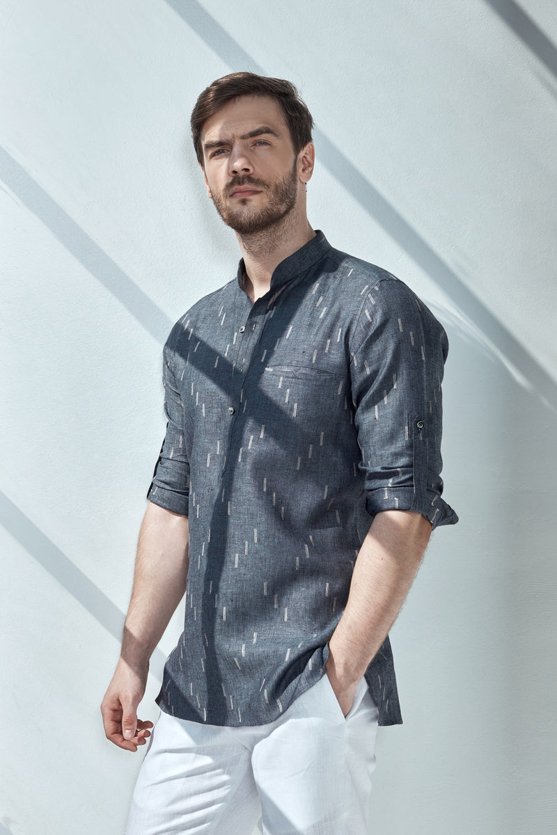 Mandarin Collar Kurta With Rolled Up Sleeves-Yellwithus.com