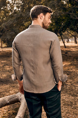 Mandarin Collar Gray Linen Shirt - Yellwithus.com