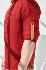 Striped Natural Kurta - Beet Red Linen Kurta for Man - Yellwithus.com