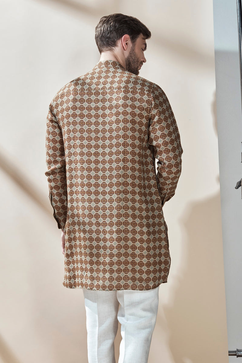 The Occhave Brown Printed Linen Kurta for Men - Yellwithus.com