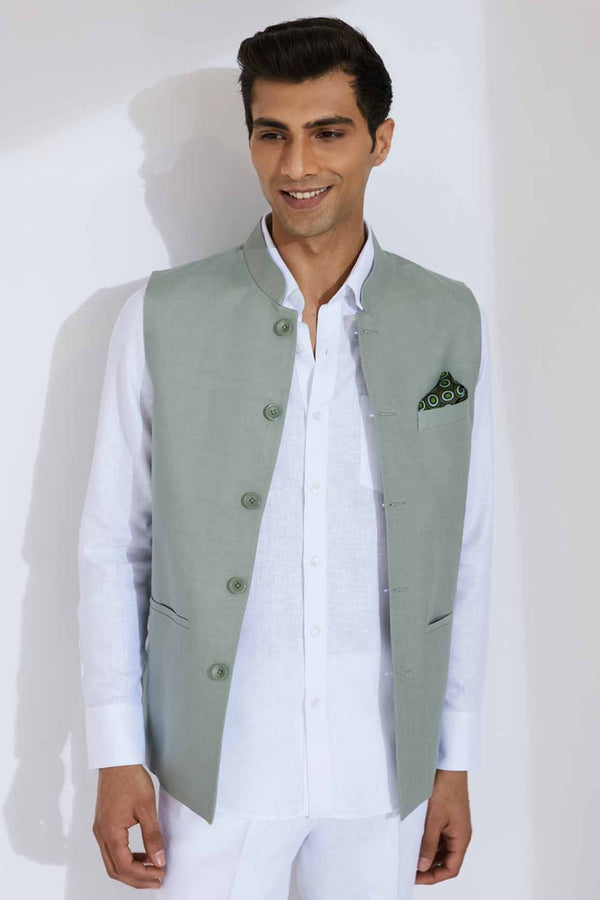 The Terra Firma - Linen Mint Green Nehru Jacket for Man | Yellwithus