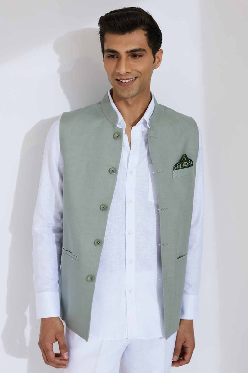 The Terra Firma - Linen Mint Green Nehru Jacket for Man | Yellwithus