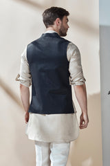 The Samrat Dark Blue Linen Nehru Jacket for Man - Yellwithus.com