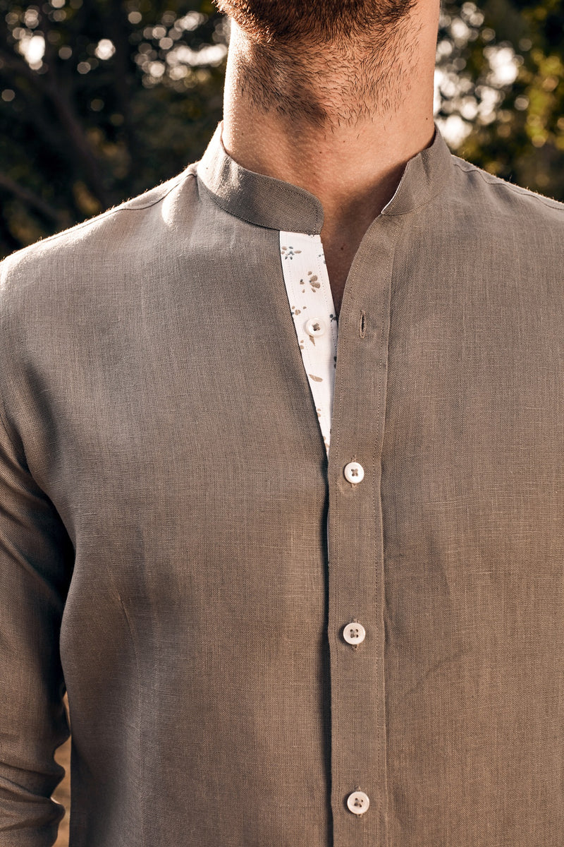 Mandarin Collar Gray Linen Shirt - Yellwithus.com