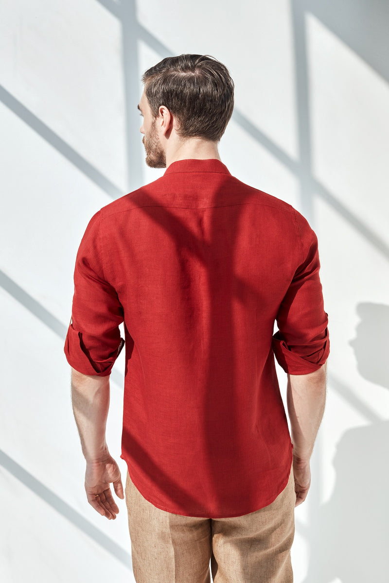 Striped Natural Kurta - Beet Red Linen Kurta for Man - Yellwithus.com
