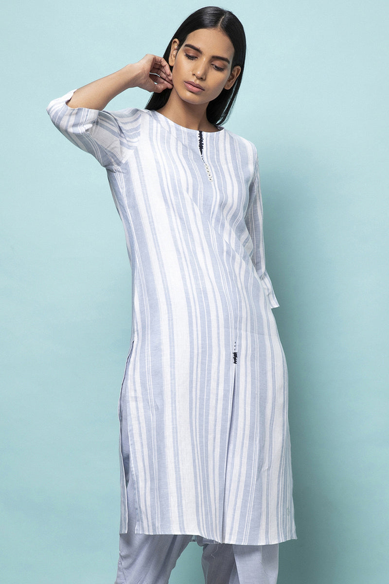 The Parisa Kurti - White Blue Stripe | Yellwithus.com