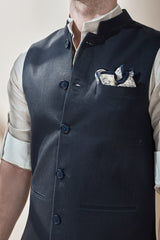 The Samrat Dark Blue Linen Nehru Jacket for Man - Yellwithus.com