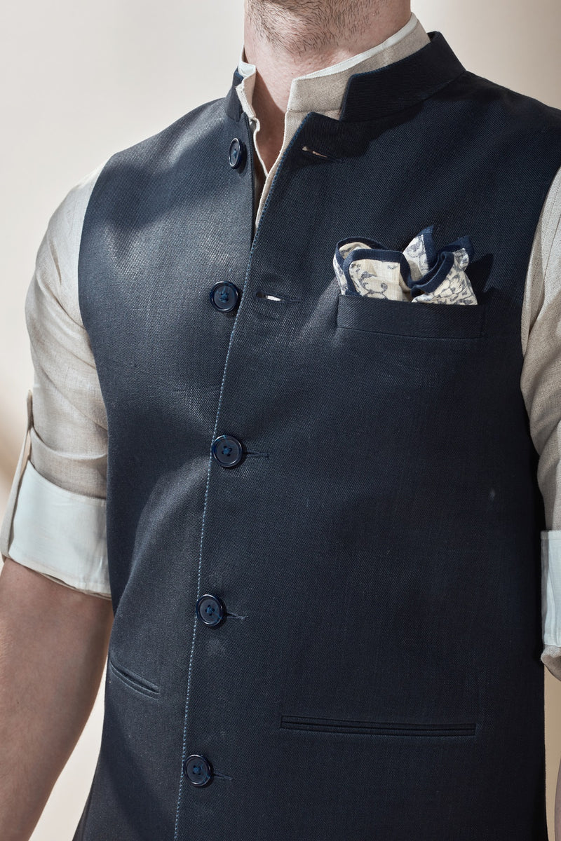 The Samrat Dark Blue Linen Nehru Jacket for Man - Yellwithus.com