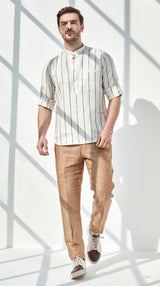 Striped Natural Kurta - White Stripe Linen Kurta for Men l Yellwithus.com