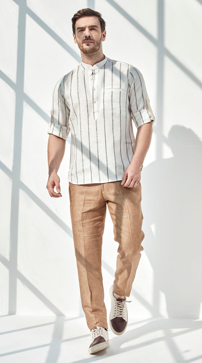 Striped Natural Kurta - White Stripe Linen Kurta for Men l Yellwithus.com