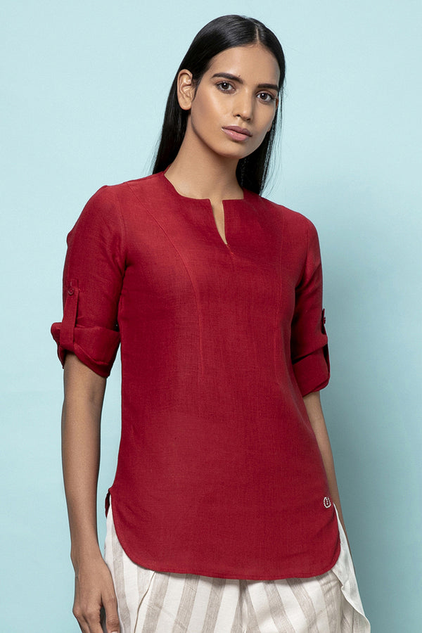 Dissolved Round Hem Top- Beet Red-Yellwithus.com