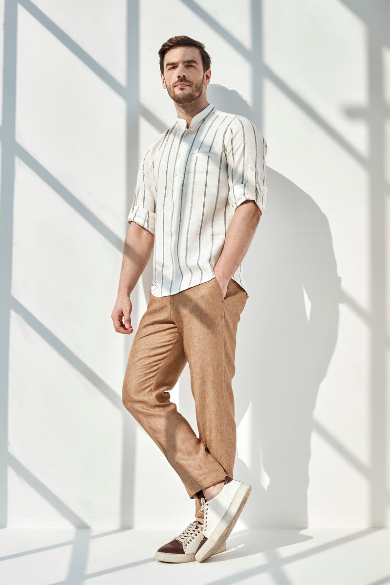 Striped Natural Kurta - White Stripe Linen Kurta for Men l Yellwithus.com