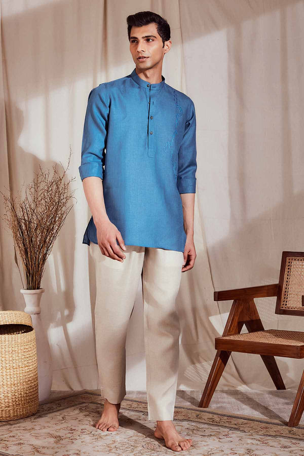 Atish Blue Designer Linen Kurta for Men | Yellwithus.com