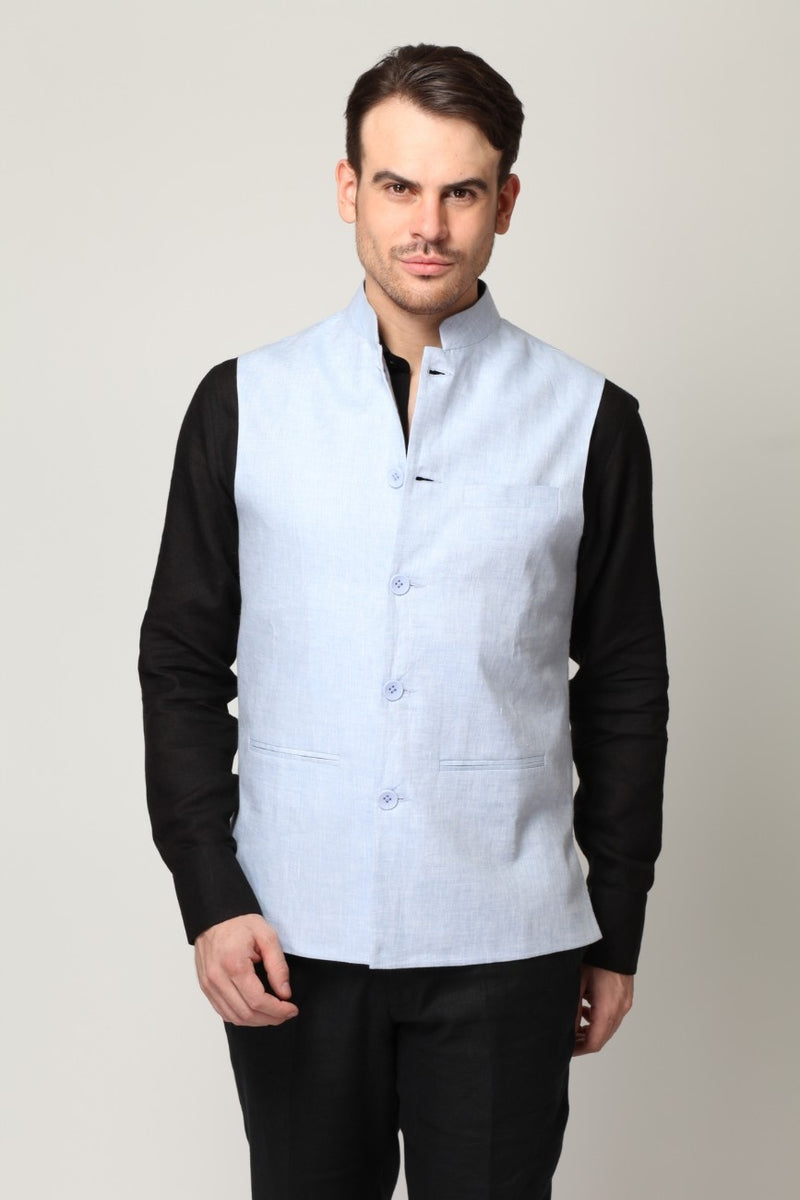 Vintage Men's Light Blue Linen Nehru Jacket