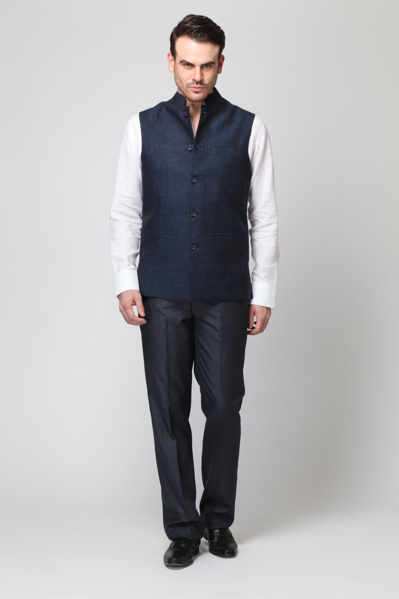 Vintage Men's Dark Blue Nehru Modi Jacket-Yellwithus.com