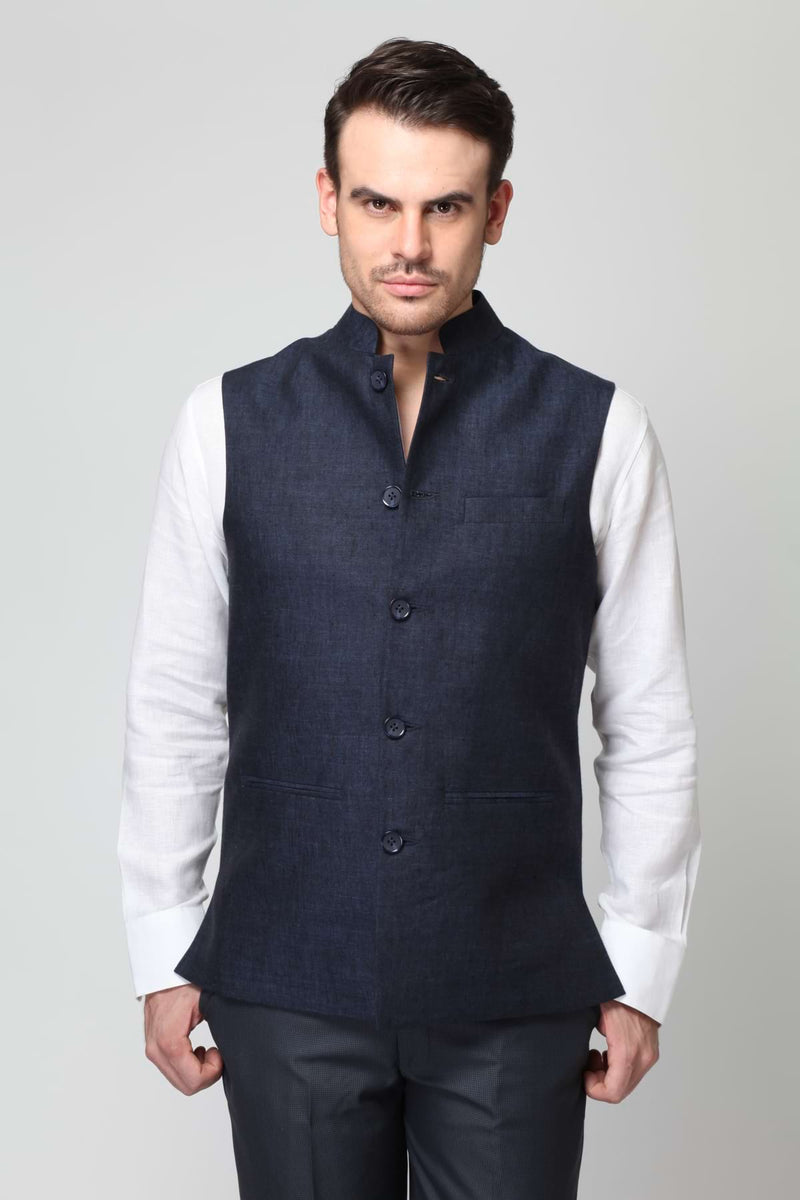 Vintage Men's Dark Blue Chambray Linen Nehru Jacket