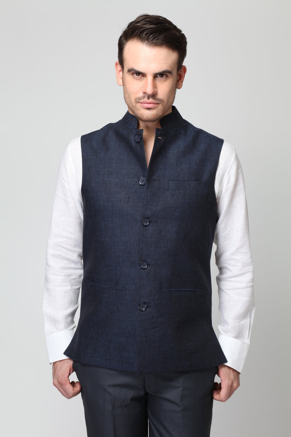 Vintage Men's Dark Blue Nehru Modi Jacket-Yellwithus.com