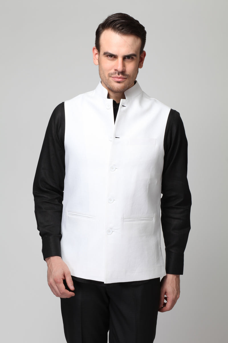 Vintage Men's Daisy White Linen Nehru Jacket