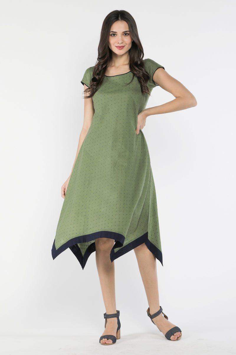 Green Dot Printed Cotton Flare Dress - Yellwithus.com