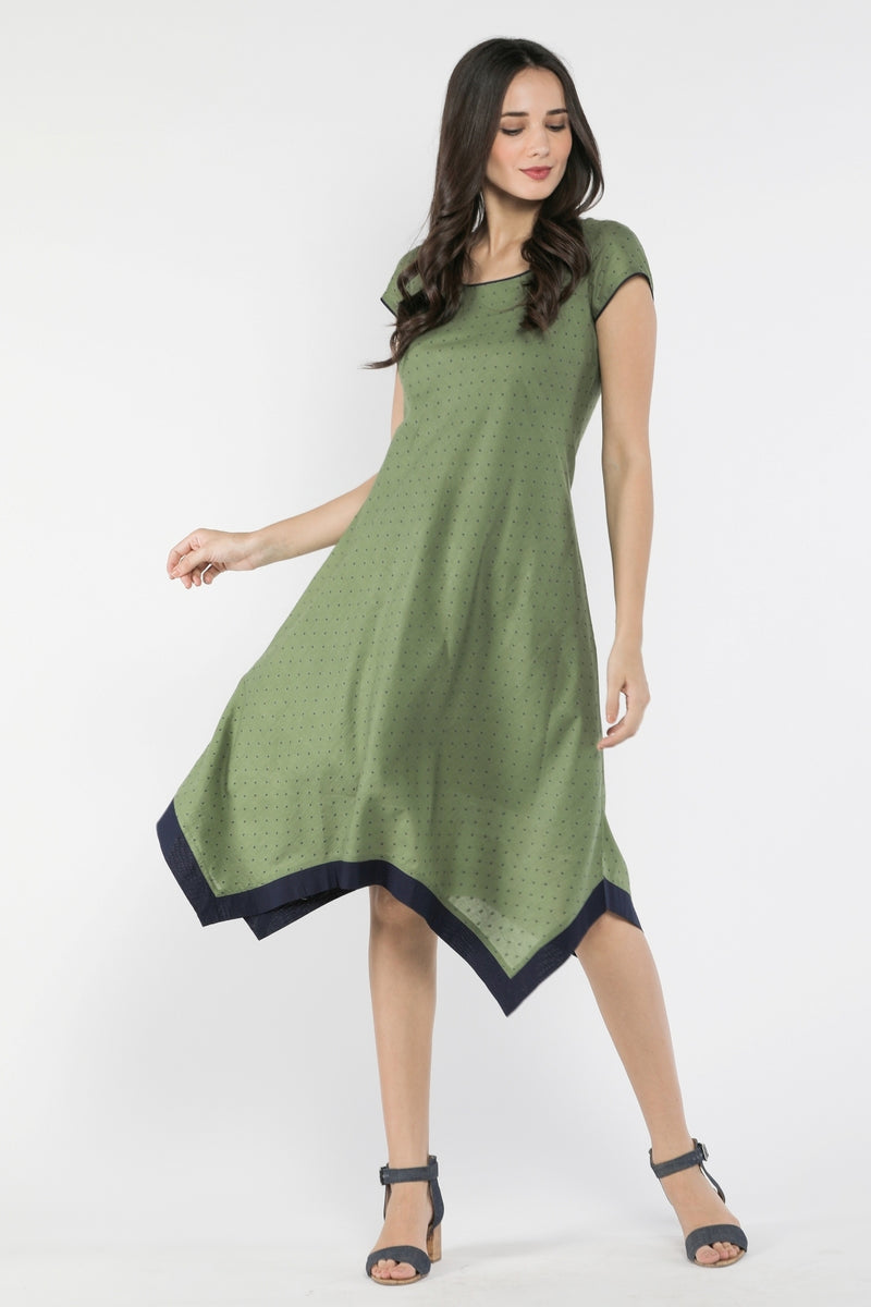 Green Dot Printed Cotton Flare Dress - Yellwithus.com