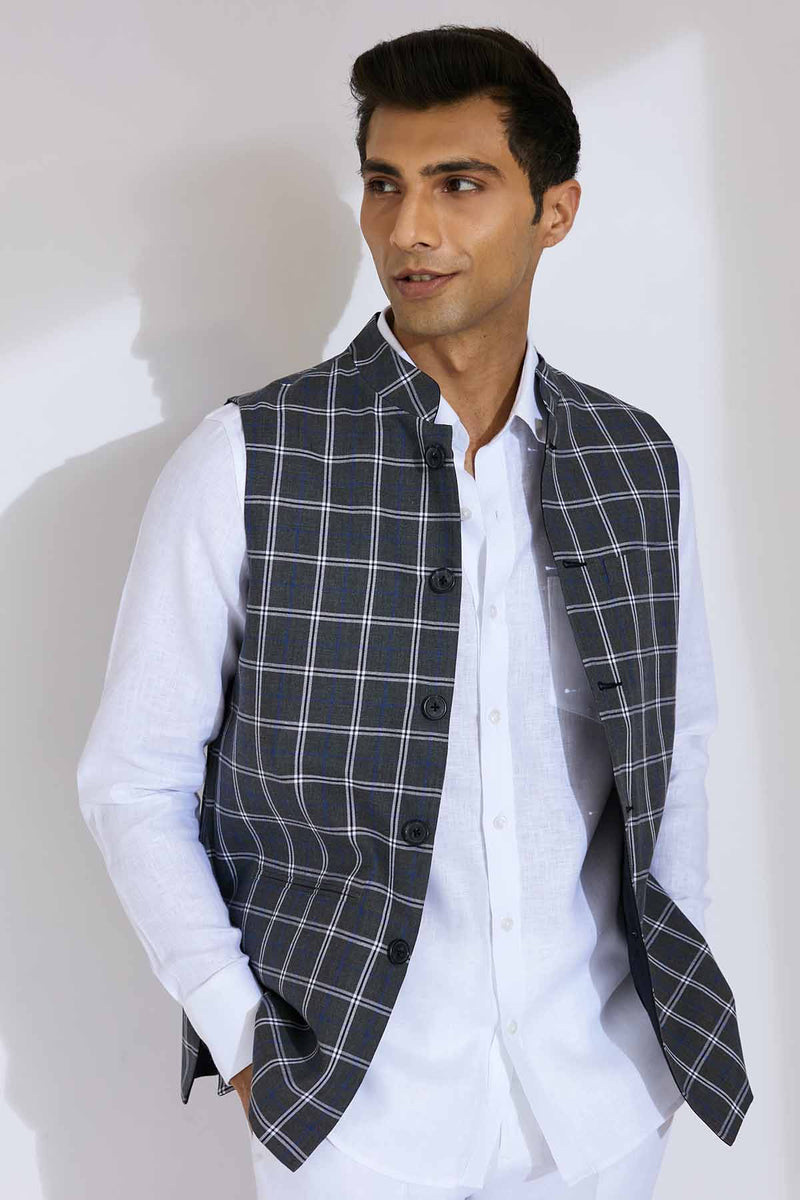 The Doppleganger Gray Check Linen Nehru Jacket