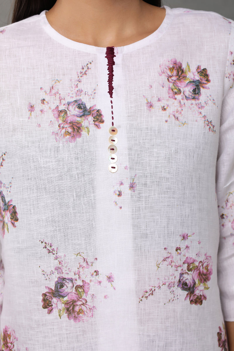 The Parisa White Rose Print Kurti - Yellwithus.com