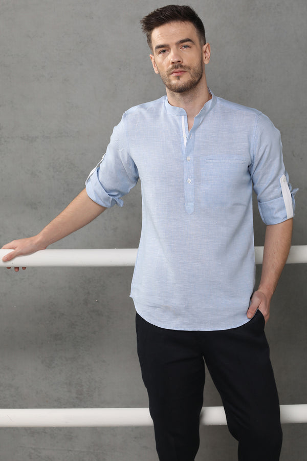 Shiny Short Light Blue Kurta for Men - Yellwithus.com