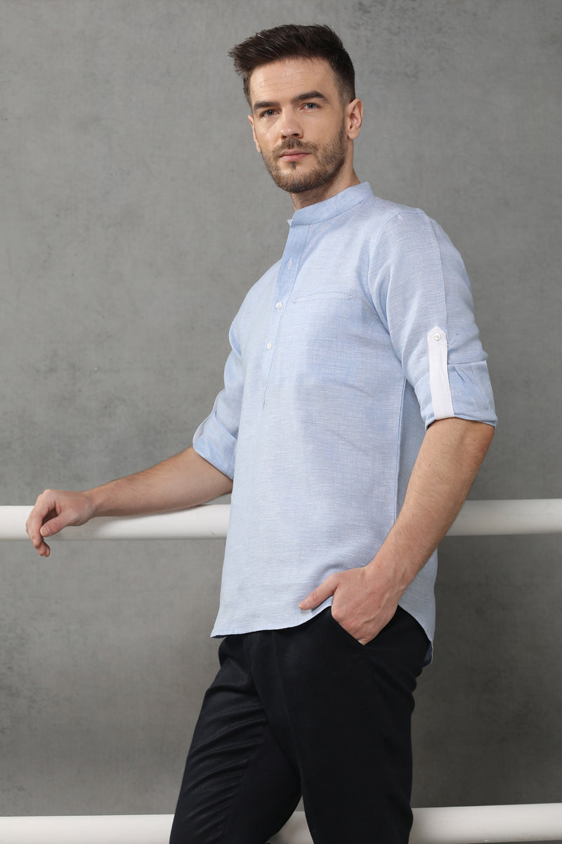Shiny Short Light Blue Kurta for Men - Yellwithus.com