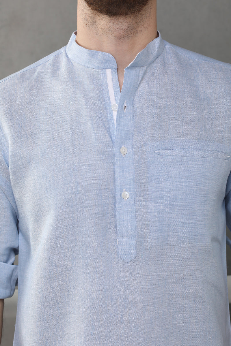 Shiny Short Light Blue Kurta for Men - Yellwithus.com