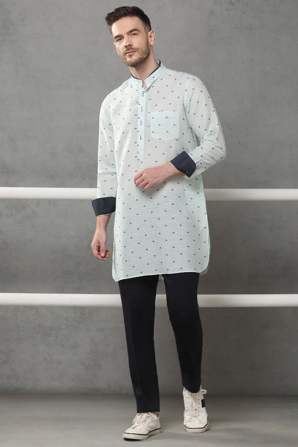 Mandarin Traditional Vibe Blue Kurta for Men - Yellwithus.com