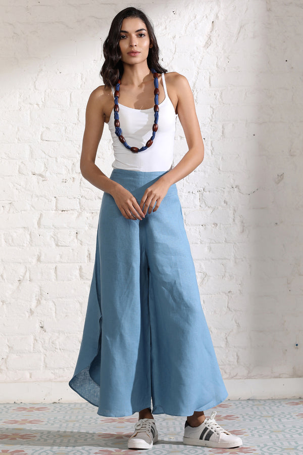 Flare it is!- Blue Flare Linen Trousers for Women | Yellwithus.com