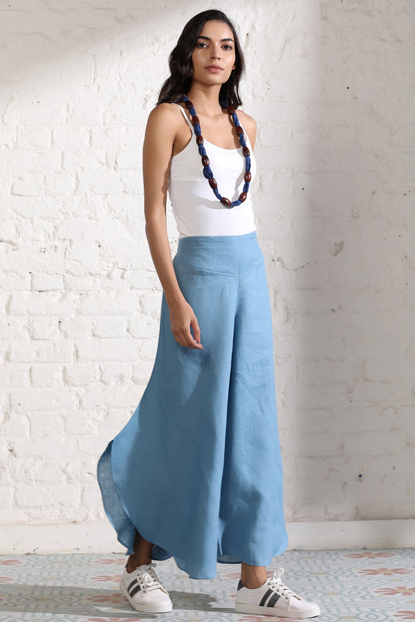 Flare it is!- Blue Flare Linen Trousers for Women | Yellwithus.com