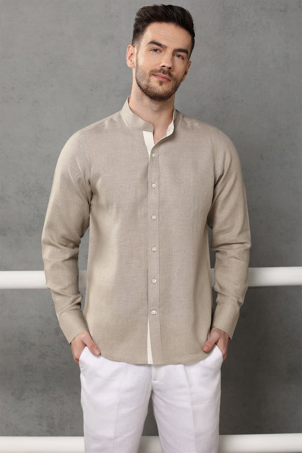 Mandarin Collar Beige Linen Shirt - Yellwithus.com