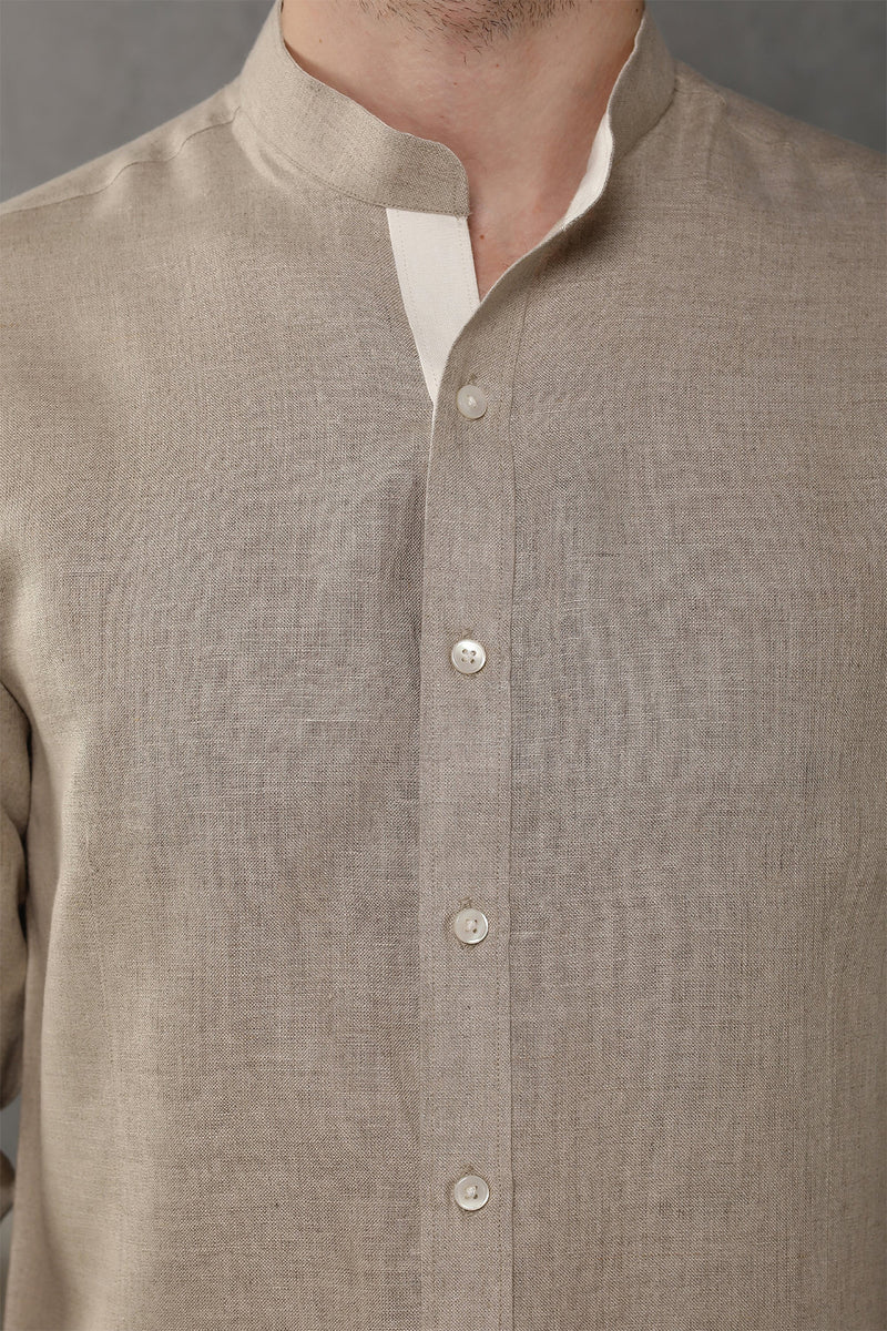 Mandarin Collar Beige Linen Shirt - Yellwithus.com