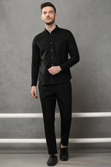 Jet Black Linen Shirt Full Sleeve Extended Collar | Yellwithus.com