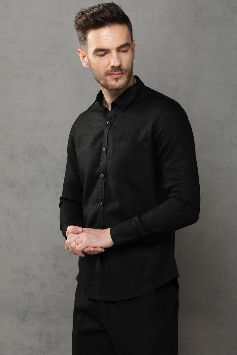 Jet Black Linen Shirt Full Sleeve Extended Collar | Yellwithus.com