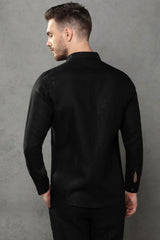 Jet Black Linen Shirt Full Sleeve Extended Collar | Yellwithus.com