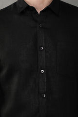 Jet Black Linen Shirt Full Sleeve Extended Collar | Yellwithus.com