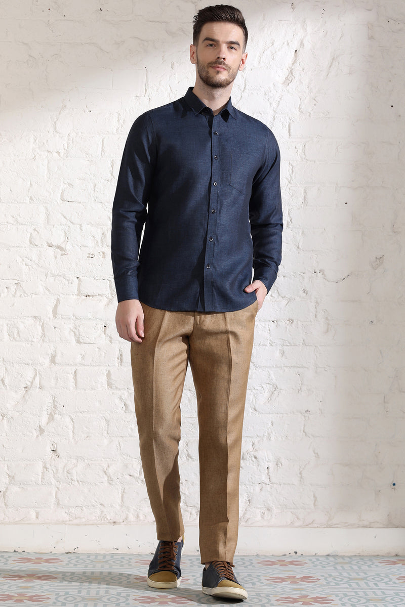 Extended Collar Linen Shirt- Dark Blue Chambray - Yellwithus.com