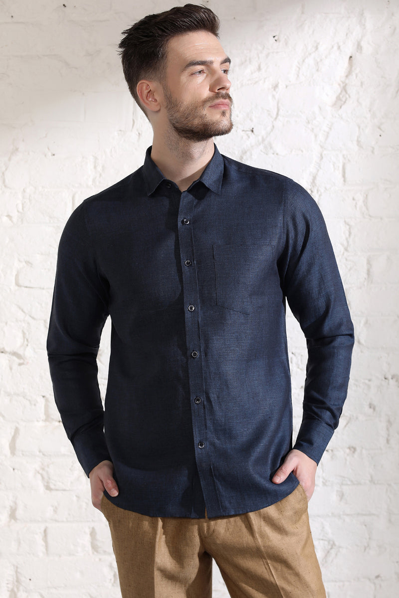 Extended Collar Linen Shirt- Dark Blue Chambray - Yellwithus.com