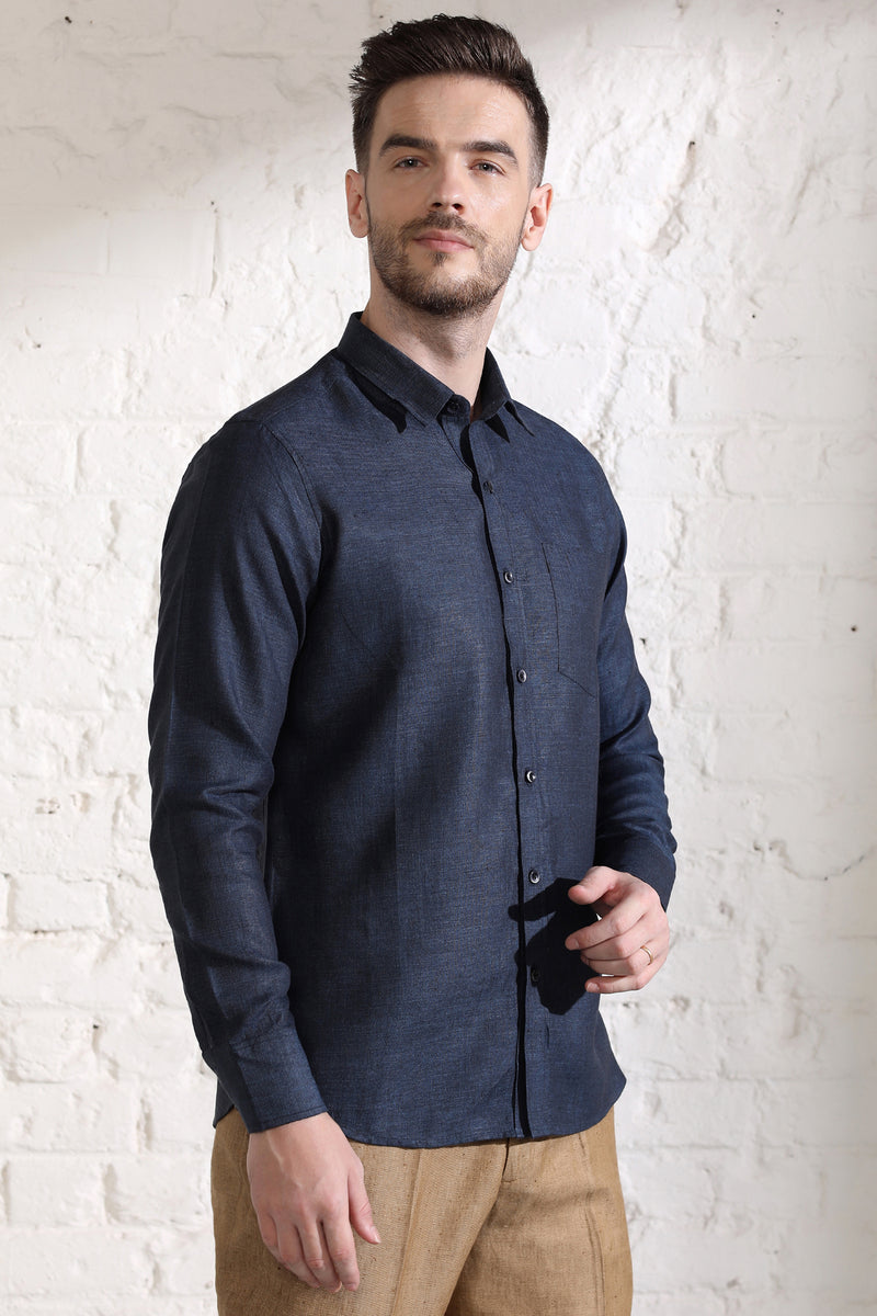 Extended Collar Linen Shirt- Dark Blue Chambray - Yellwithus.com