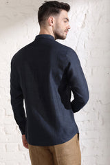Extended Collar Linen Shirt- Dark Blue Chambray - Yellwithus.com