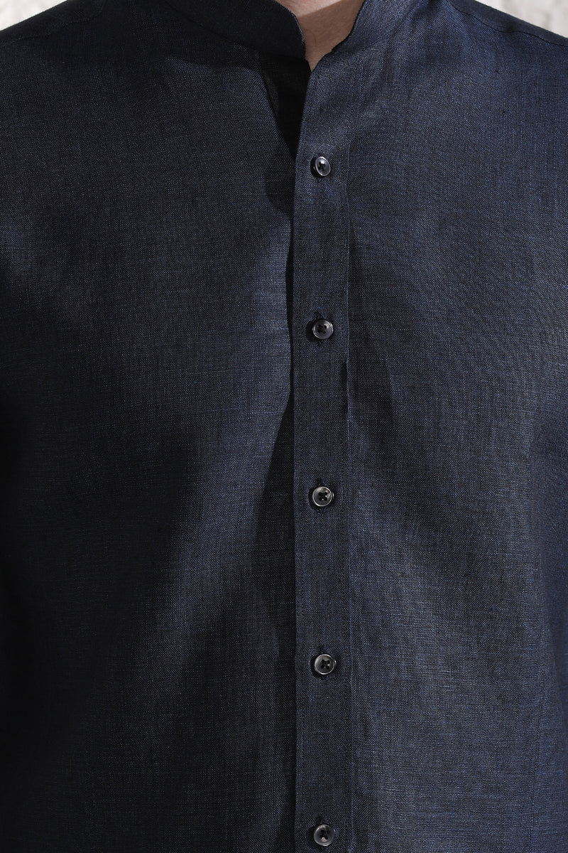 Extended Collar Linen Shirt- Dark Blue Chambray - Yellwithus.com