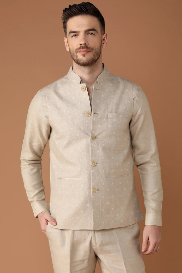 The Heritage Beige Sleeveless Nehru Jacket-Yellwithus.com