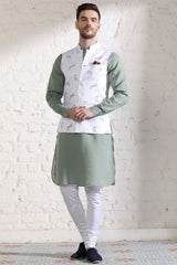 White Green Leaf Print Epiroy Nehru Jacket-Yellwithus.com