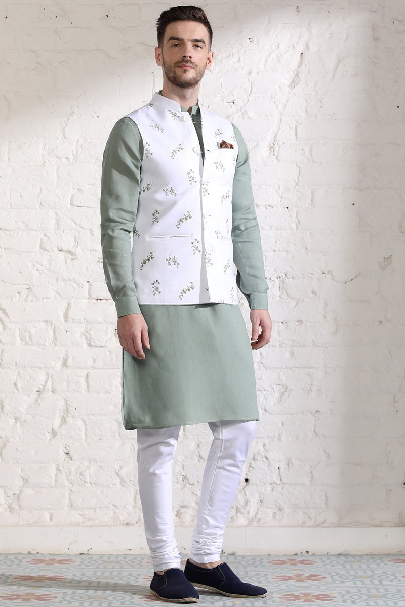 White Green Leaf Print Epiroy Nehru Jacket-Yellwithus.com