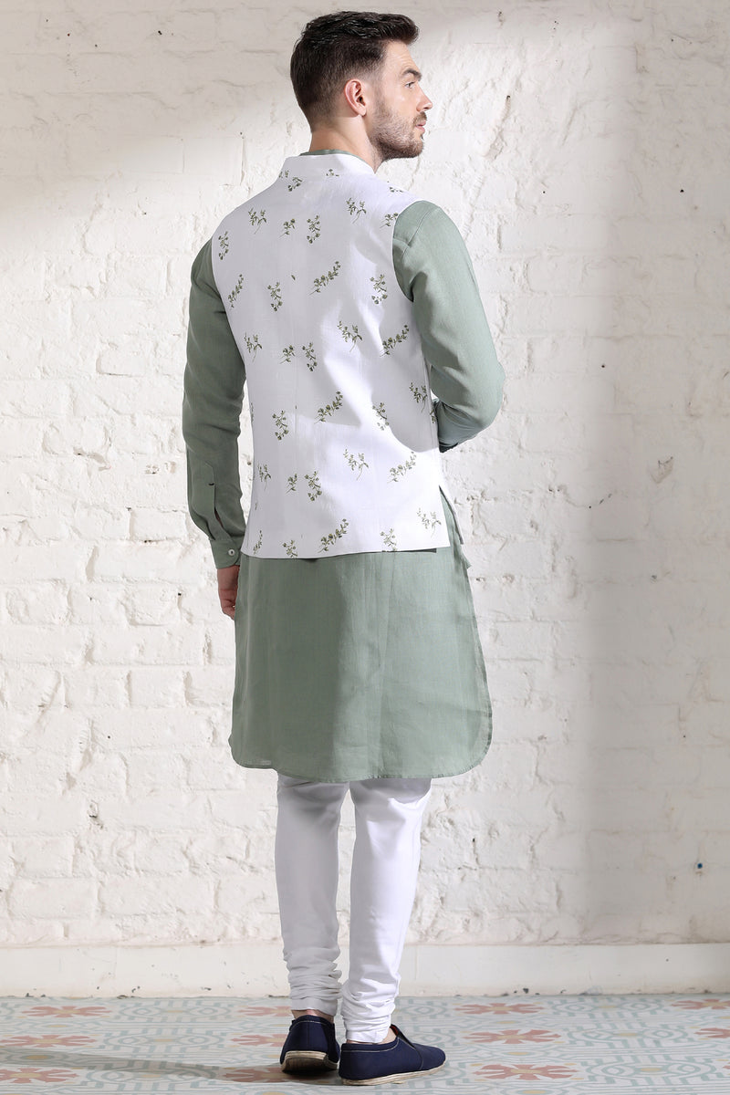 White Green Leaf Print Epiroy Nehru Jacket-Yellwithus.com