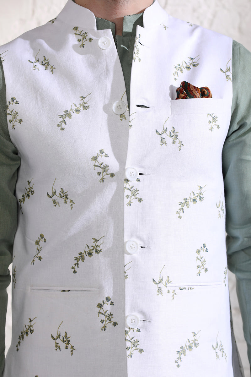 White Green Leaf Print Epiroy Nehru Jacket-Yellwithus.com