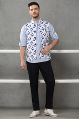 White Blue Flower Print Linen Cerulean Nehru Modi Jacket | Yellwithus